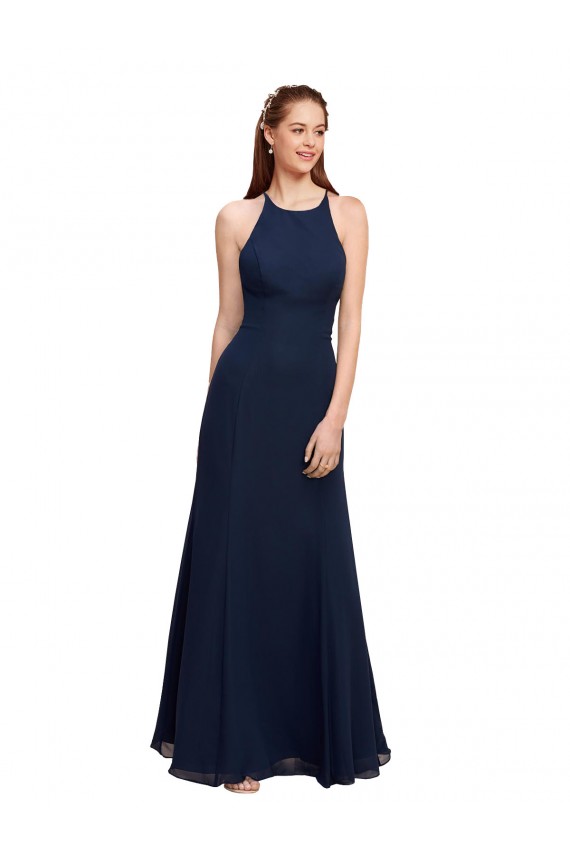 Wholesale High Halter Fit and Flare Long Chiffon Prom Dress with Criss Cross Low Back UK