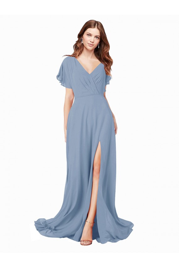 Wholesale Chiffon Prom Dress with Flutter Sleeves and Front Slit UK