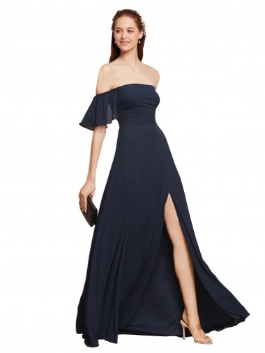 Wholesale Off the Shoulder Floaty Sleeves Chiffon Prom Dress with High Slit UK
