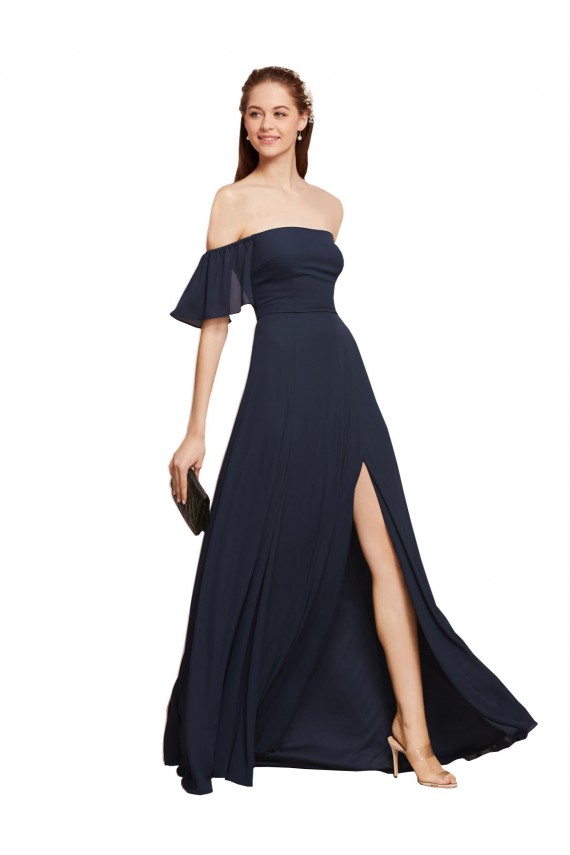 Wholesale Off the Shoulder Floaty Sleeves Chiffon Prom Dress with High Slit UK