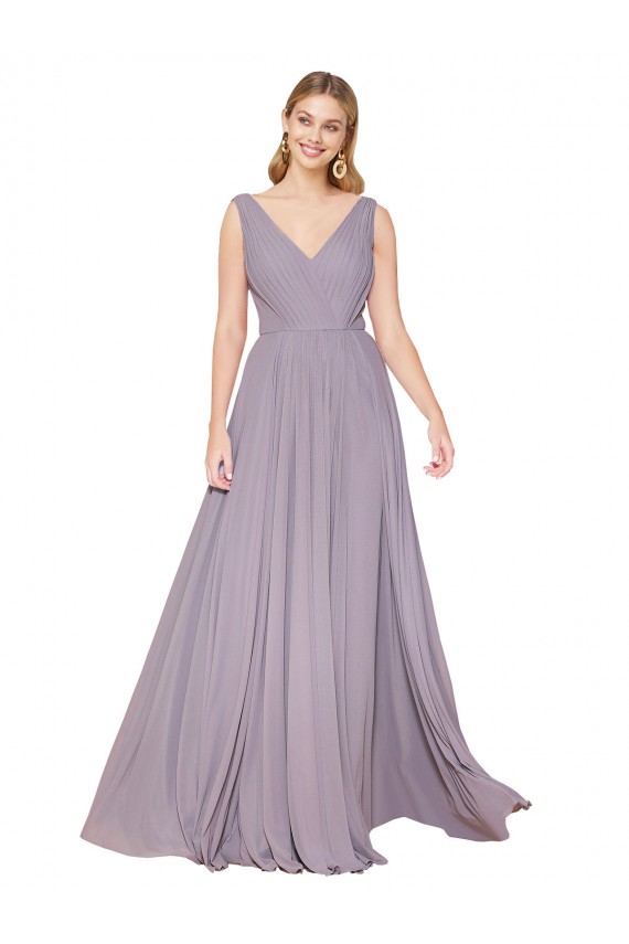 Wholesale Draped Floor Length High Neck V-Back Chiffon Prom Dress with Shirred Bodice UK