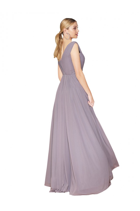 Wholesale Draped Floor Length High Neck V-Back Chiffon Prom Dress with Shirred Bodice UK