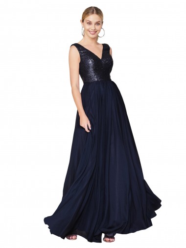 Wholesale High Neck V-Neck Long Chiffon Prom Dress with Sequin Top UK