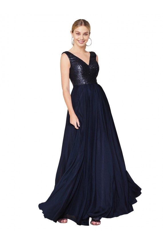 Wholesale High Neck V-Neck Long Chiffon Prom Dress with Sequin Top UK