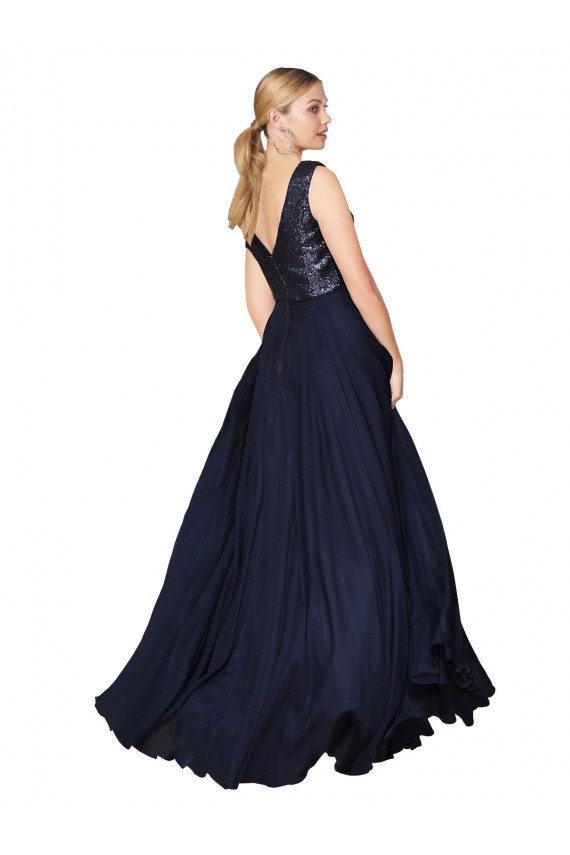 Wholesale High Neck V-Neck Long Chiffon Prom Dress with Sequin Top UK