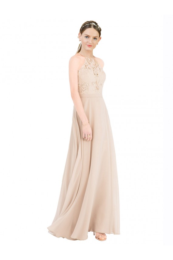 Wholesale High Halter Neck Illusion Lace Prom Dress with Chiffon Skirt and Keyhole Back UK