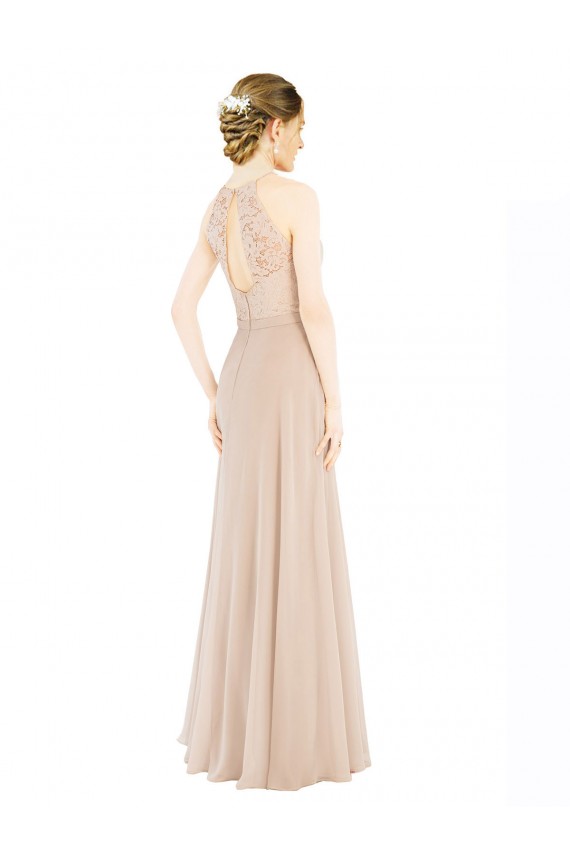 Wholesale High Halter Neck Illusion Lace Prom Dress with Chiffon Skirt and Keyhole Back UK