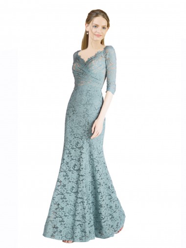 Wholesale Half Sleeves Pleated Lace Prom Dress with Wrap-Around Portrait Neckline UK