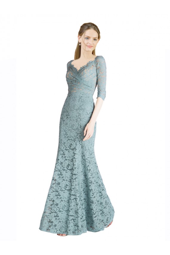 Wholesale Half Sleeves Pleated Lace Prom Dress with Wrap-Around Portrait Neckline UK