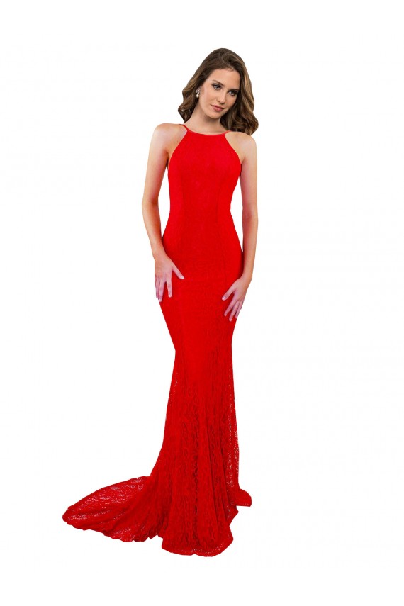 Wholesale High Neck Long Lace Prom Dress with Open Back Straps UK