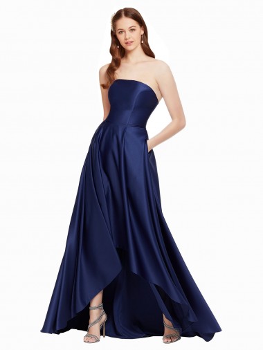 Wholesale High Low Strapless Satin Prom Dress with Pockets UK
