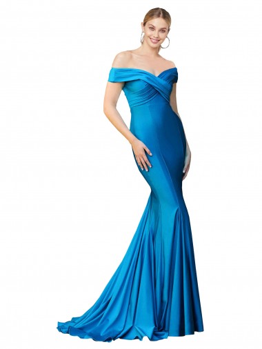 Wholesale Off the Shoulder Long Chapel Train Satin Prom Dress UK