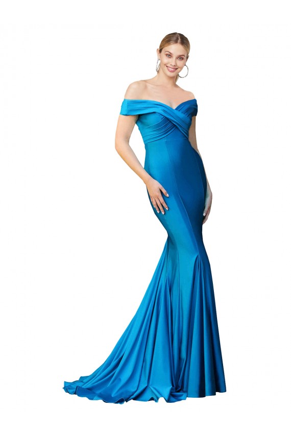 Wholesale Off the Shoulder Long Chapel Train Satin Prom Dress UK