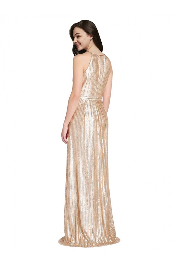 Wholesale Floor Length Halter Neck Sparkling Sequin Prom Dress with Pleats UK