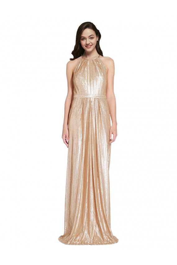 Wholesale Floor Length Halter Neck Sparkling Sequin Prom Dress with Pleats UK