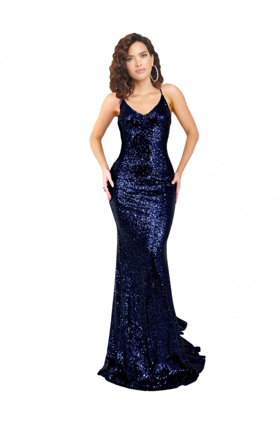 Wholesale Mermaid V-Neck Low Back Long Sequin Prom Dress UK
