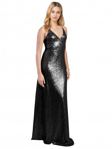 Wholesale Full Length A-Line Sequin Prom Dress with Spaghetti Straps V-Neckline UK