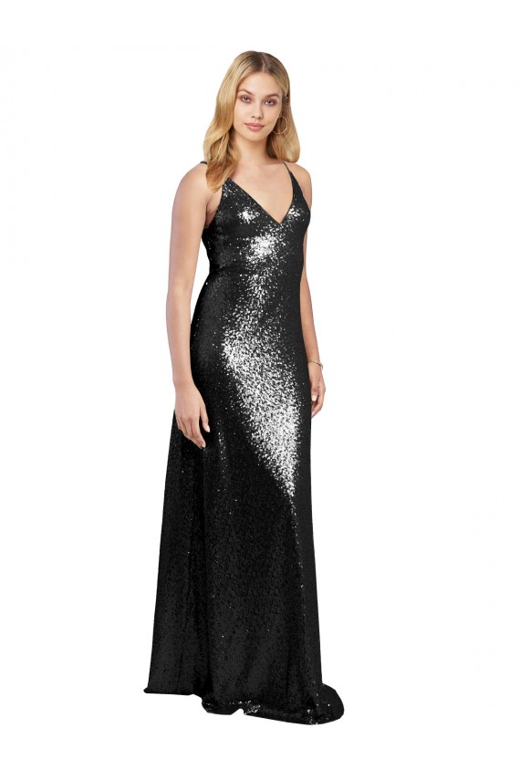 Wholesale Full Length A-Line Sequin Prom Dress with Spaghetti Straps V-Neckline UK