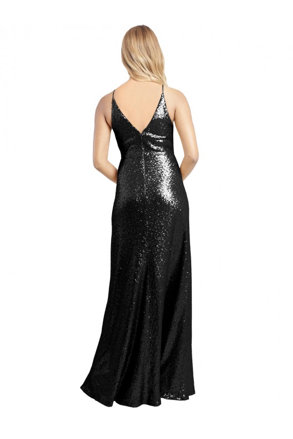Wholesale Full Length A-Line Sequin Prom Dress with Spaghetti Straps V-Neckline UK