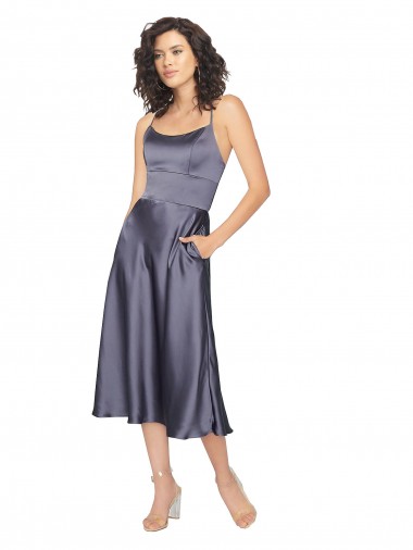 Wholesale Midi Length Silky Satin Cocktail Prom Dress / Homecoming Dress with Open Tied Back UK