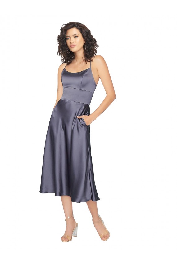 Wholesale Midi Length Silky Satin Cocktail Prom Dress / Homecoming Dress with Open Tied Back UK