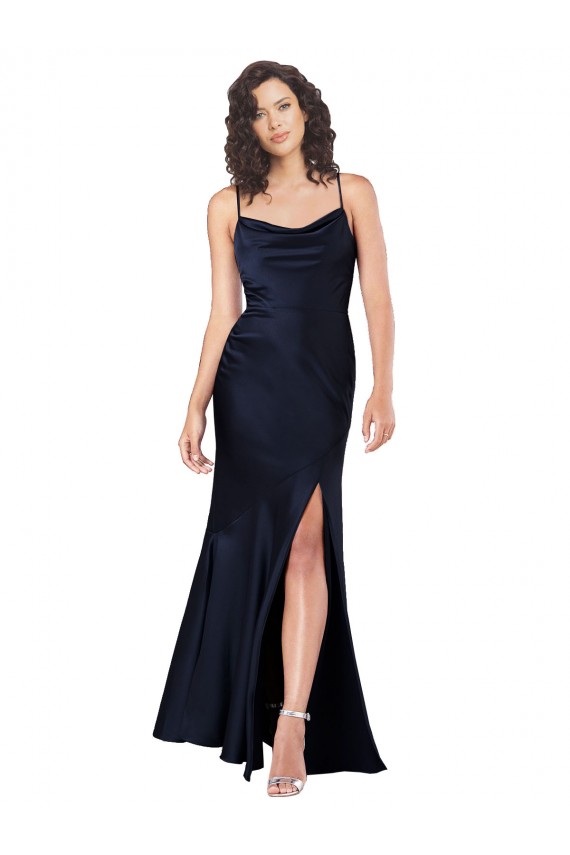 Wholesale Draped Cowl Neck Silky Satin Prom Dress with Skirt Slit UK