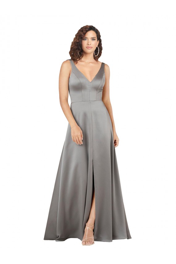 Wholesale Plunging V-Neckline Long A-Line Silky Satin Prom Dress UK