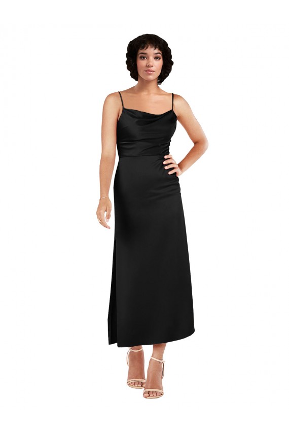 Wholesale Cowl Neck Tea-Length Short Silky Satin Cocktail Prom Dress / Homecoming Dress with Skirt Slit UK