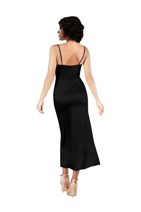 Wholesale Cowl Neck Tea-Length Short Silky Satin Cocktail Prom Dress / Homecoming Dress with Skirt Slit UK