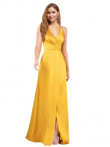 Wholesale Halter A-Line Silky Satin Prom Dress with V-Neckline and Slit UK
