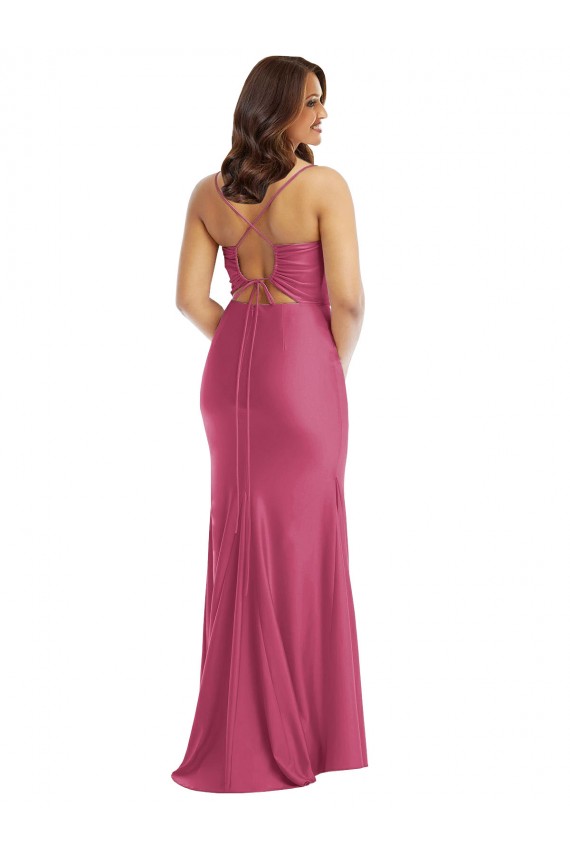 Wholesale Cowl-Neck Open Tie-Back Silky Satin Mermaid Prom Dress with Frong Slit UK