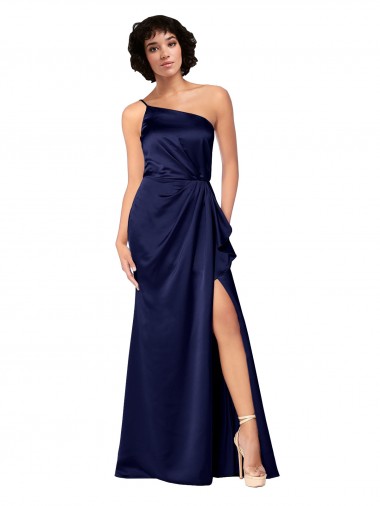 Wholesale One Shoulder Silky Satin Prom Dress with Skirt Slit UK