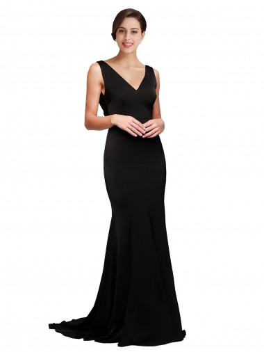 Wholesale V-Neck Full Length Silky Satin Prom Dress with Soft Cowl Neck and Sweep Train UK