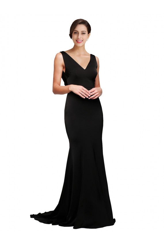Wholesale V-Neck Full Length Silky Satin Prom Dress with Soft Cowl Neck and Sweep Train UK