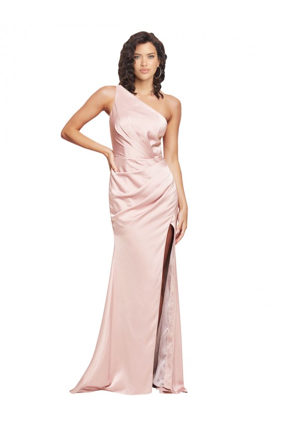 Wholesale Full Length Ruched Silky Satin Prom Dress with Low Back and High Split UK