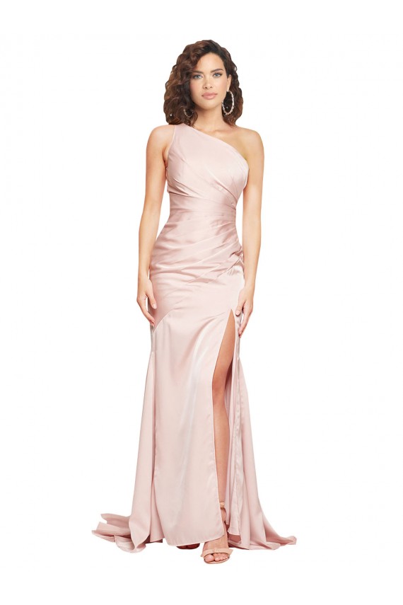 Wholesale Full Length One Shoulder Long Silky Satin Prom Dress with High Split UK