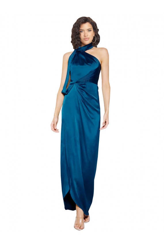 Wholesale High Halter Neck Silky Satin Prom Dress with Sash Overlay and Side Split UK