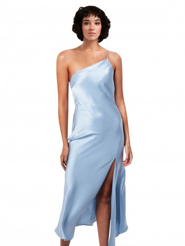 Wholesale Midi Length Short Silky Satin Cocktail Prom Dress / Homecoming Dress with Asymmetric Neckline and High Side Split UK