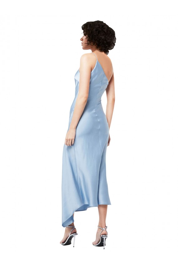Wholesale Midi Length Short Silky Satin Cocktail Prom Dress / Homecoming Dress with Asymmetric Neckline and High Side Split UK