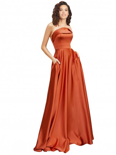 Wholesale Strapless Sweep Train Silky Satin Prom Dress with Pleats UK
