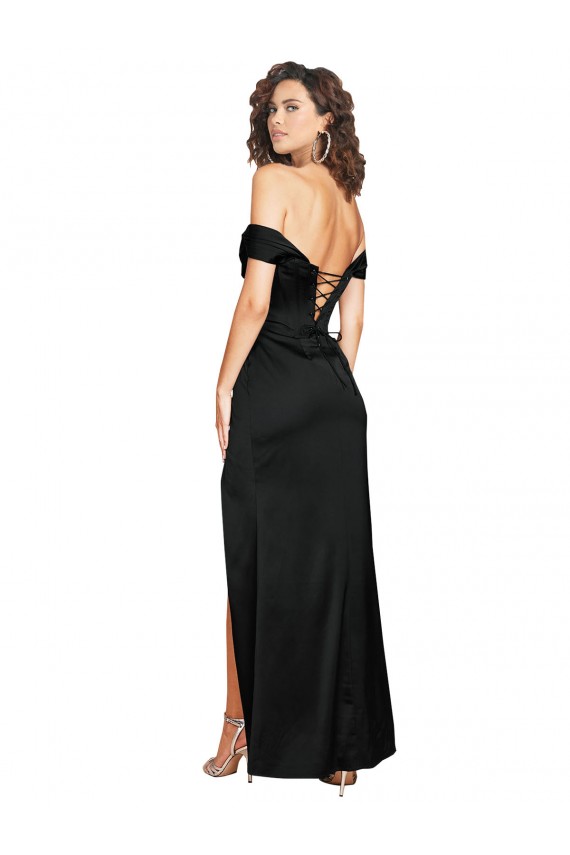 Wholesale Fitted Sweetheart Neckline Silky Satin Prom Dress with Off the Shoulder Sleeves and High Slit UK