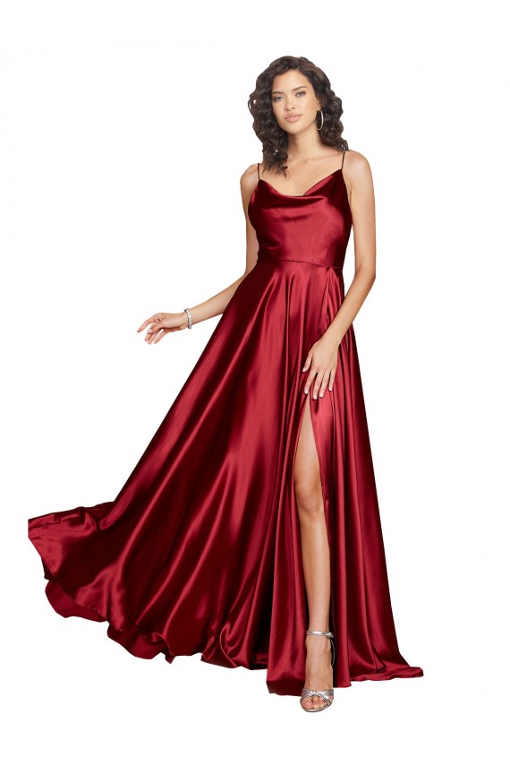 Wholesale Cowl Neckline Long Silky Satin Prom Dress with Spaghetti Straps UK