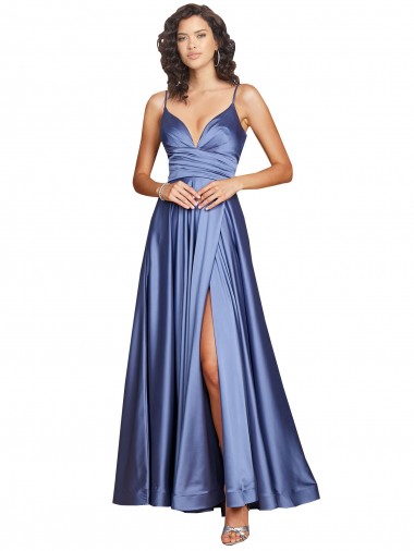 Wholesale Deep V-Neck Sweetheart Long Silky Satin Prom Dress with Thigh High Slit UK
