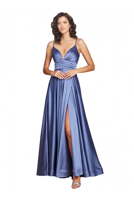 Wholesale Deep V-Neck Sweetheart Long Silky Satin Prom Dress with Thigh High Slit UK