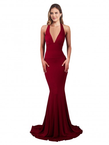 Wholesale Halter Mermaid Plunge V-Neckline Open Back Bow Tie Spandex Prom Dress UK