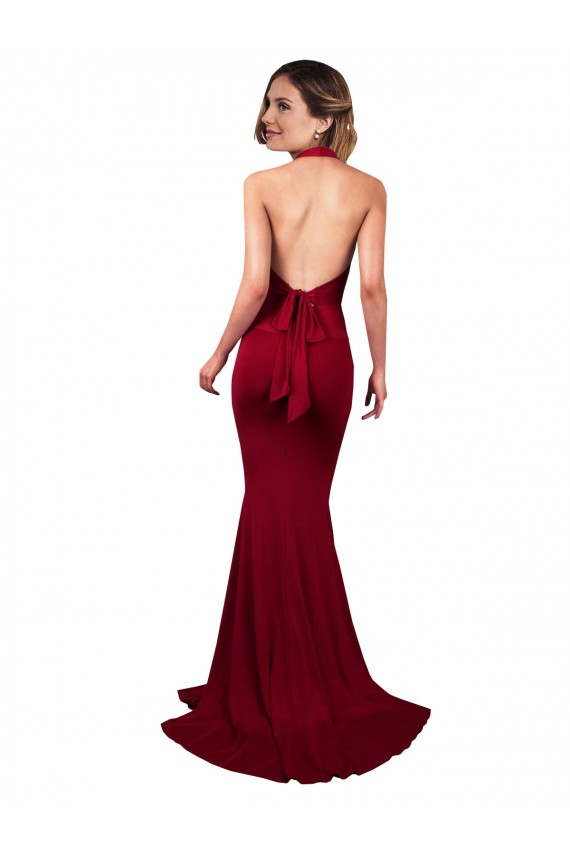 Wholesale Halter Mermaid Plunge V-Neckline Open Back Bow Tie Spandex Prom Dress UK