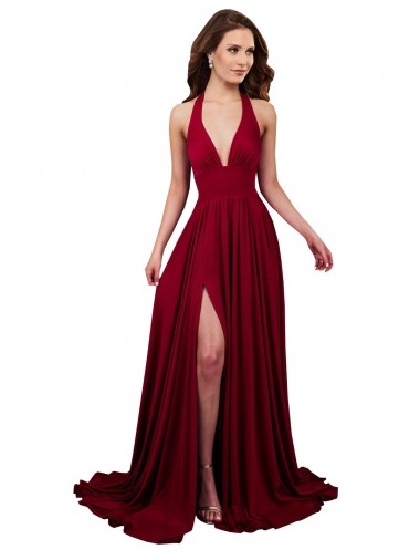 Wholesale A-Line Halter Plunge V-Neckline Open Back Spandex Prom Dress with Slit UK