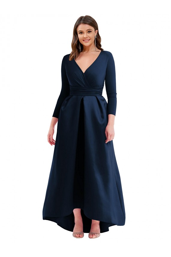 Wholesale Long Sleeves Wrapped Spandex Prom Dress with High Low Full Skirt and Pockets UK