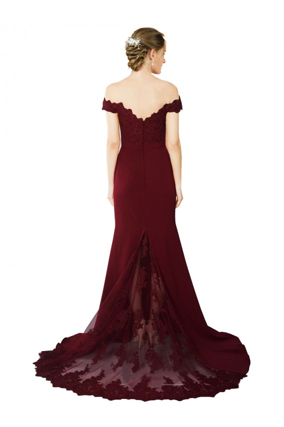 Wholesale Full Length Off the Shoulder Formal Crepe Prom Dress with Lace On Bodice and Back UK