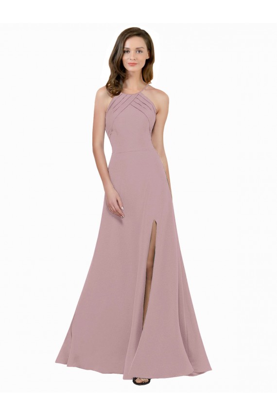 Wholesale High Neck Crepe Prom Dress with Pleats and Keyhole Back UK